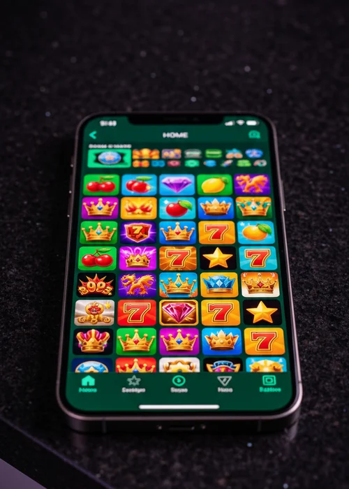 Lvl Up Casino mobile gaming interface showing a popular slot game and quick access menu on a smartphone.